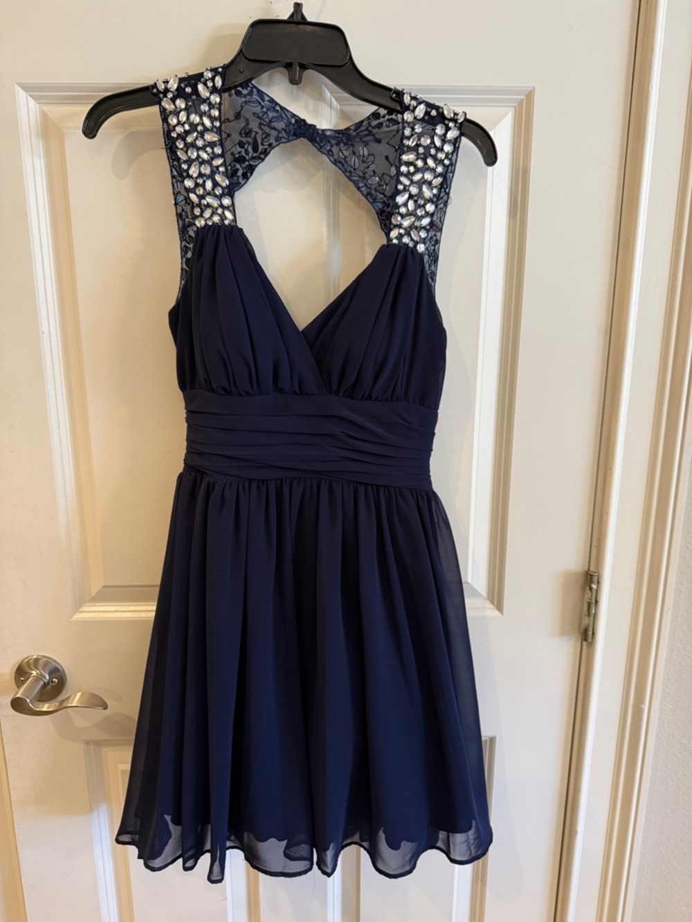 Backless Navy Blue Beaded Cocktail Dress